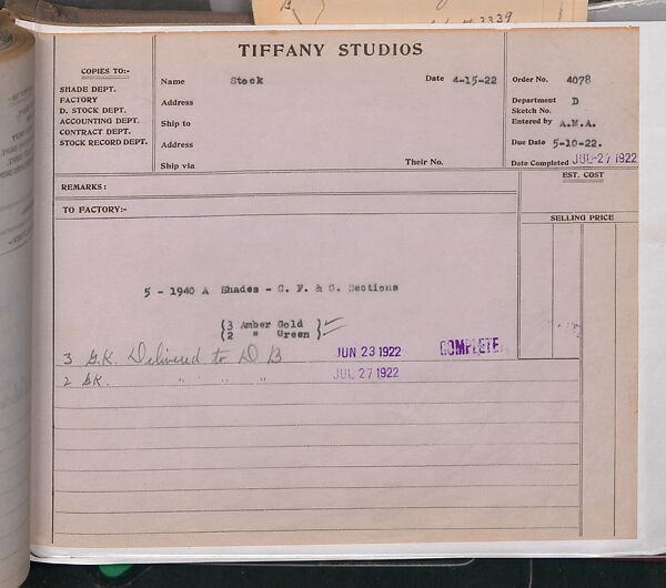 Tiffany Studios Lamp Department Ledger Book, Tiffany Studios (1902–32), pencil and ink on paper, American