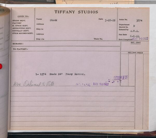 Tiffany Studios Lamp Department Ledger Book, Tiffany Studios (1902–32), pencil and ink on paper, American