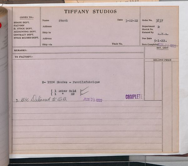 Tiffany Studios Lamp Department Ledger Book, Tiffany Studios (1902–32), pencil and ink on paper, American