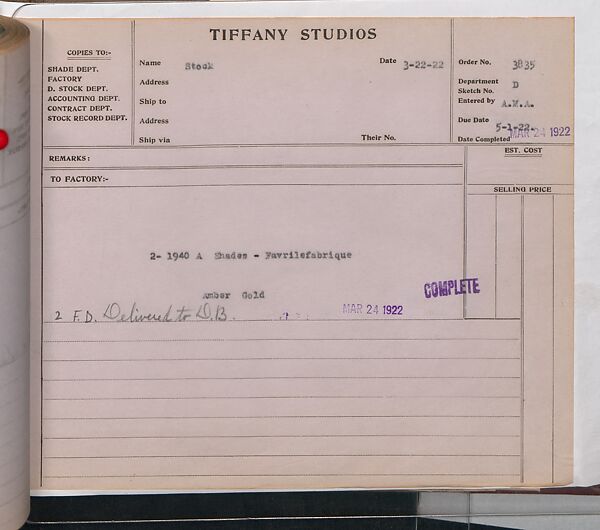 Tiffany Studios Lamp Department Ledger Book, Tiffany Studios (1902–32), pencil and ink on paper, American