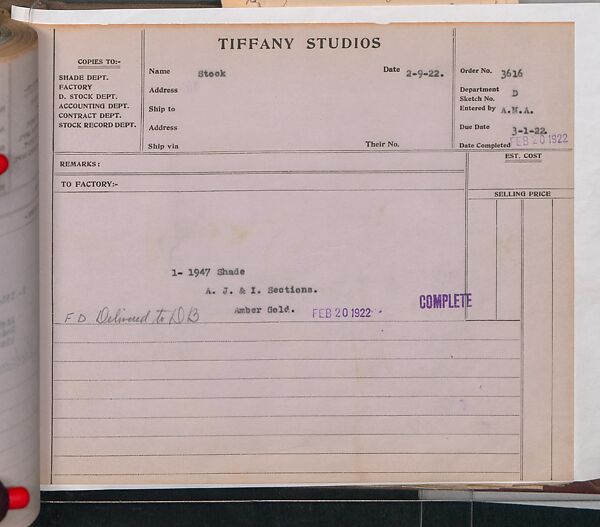 Tiffany Studios Lamp Department Ledger Book, Tiffany Studios (1902–32), pencil and ink on paper, American