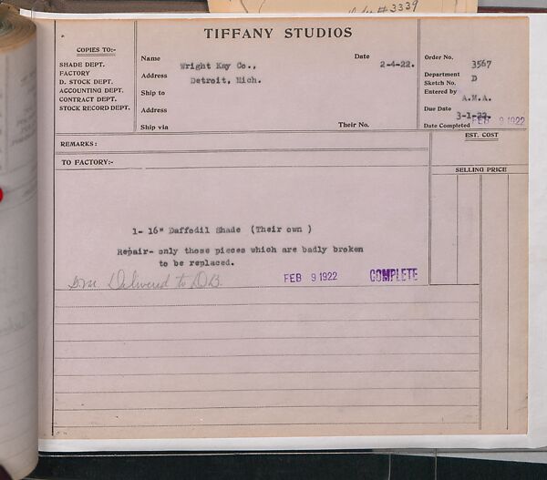 Tiffany Studios Lamp Department Ledger Book, Tiffany Studios (1902–32), pencil and ink on paper, American