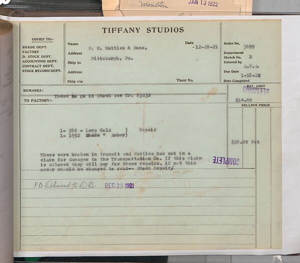Tiffany Studios Lamp Department Ledger Book, Tiffany Studios (1902–32), pencil and ink on paper, American