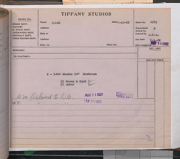 Tiffany Studios Lamp Department Ledger Book, Tiffany Studios (1902–32), pencil and ink on paper, American