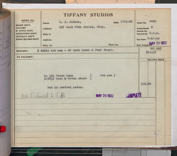 Tiffany Studios Lamp Department Ledger Book, Tiffany Studios (1902–32), pencil and ink on paper, American