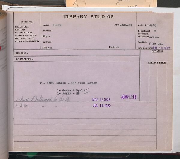 Tiffany Studios Lamp Department Ledger Book, Tiffany Studios (1902–32), pencil and ink on paper, American