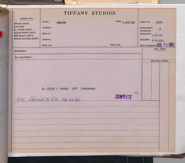 Tiffany Studios Lamp Department Ledger Book, Tiffany Studios (1902–32), pencil and ink on paper, American