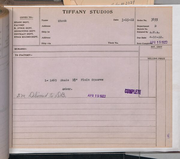 Tiffany Studios Lamp Department Ledger Book, Tiffany Studios (1902–32), pencil and ink on paper, American