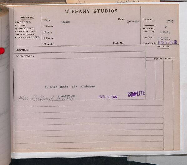 Tiffany Studios Lamp Department Ledger Book, Tiffany Studios (1902–32), pencil and ink on paper, American