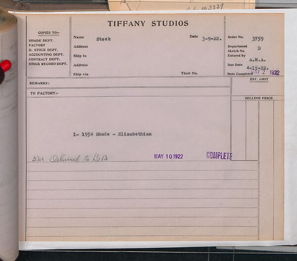 Tiffany Studios Lamp Department Ledger Book, Tiffany Studios (1902–32), pencil and ink on paper, American