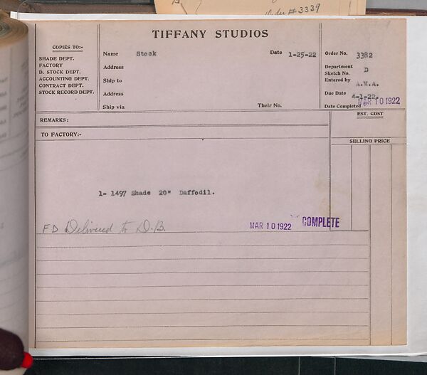 Tiffany Studios Lamp Department Ledger Book, Tiffany Studios (1902–32), pencil and ink on paper, American