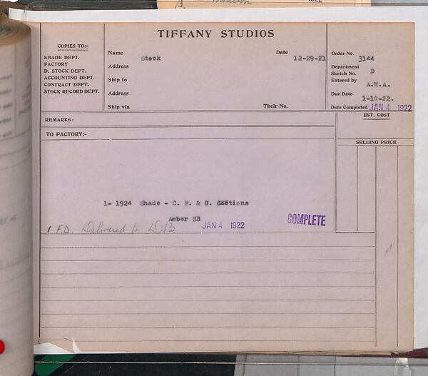 Tiffany Studios Lamp Department Ledger Book, Tiffany Studios (1902–32), pencil and ink on paper, American