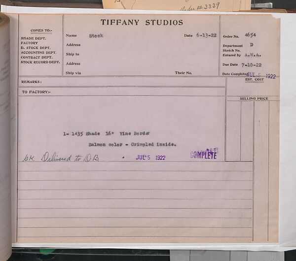 Tiffany Studios Lamp Department Ledger Book, Tiffany Studios (1902–32), pencil and ink on paper, American
