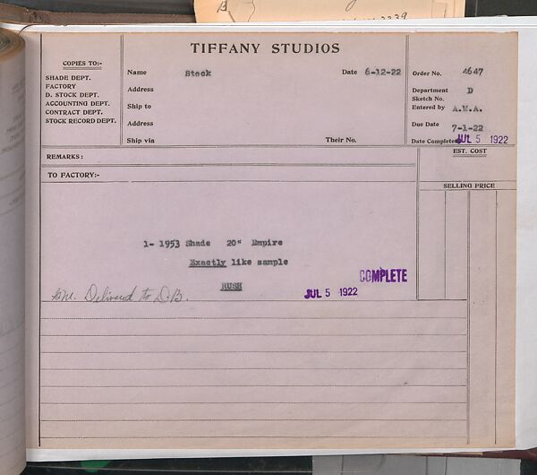 Tiffany Studios Lamp Department Ledger Book, Tiffany Studios (1902–32), pencil and ink on paper, American