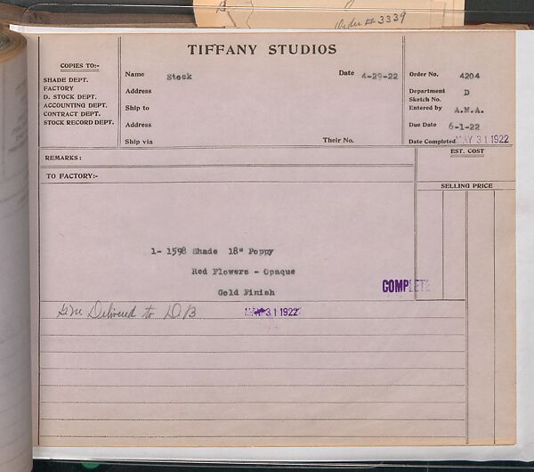 Tiffany Studios Lamp Department Ledger Book, Tiffany Studios (1902–32), pencil and ink on paper, American