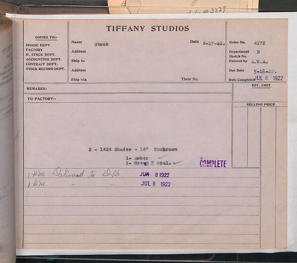 Tiffany Studios Lamp Department Ledger Book, Tiffany Studios (1902–32), pencil and ink on paper, American