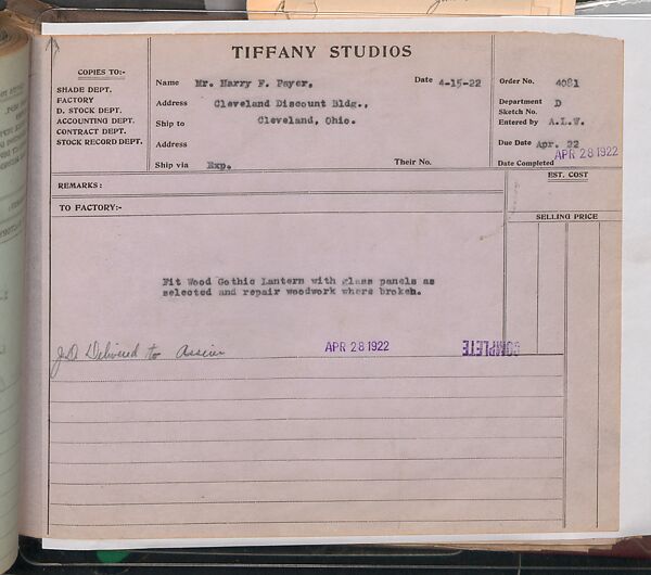 Tiffany Studios Lamp Department Ledger Book, Tiffany Studios (1902–32), pencil and ink on paper, American