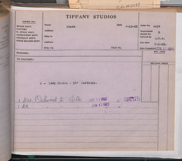 Tiffany Studios Lamp Department Ledger Book, Tiffany Studios (1902–32), pencil and ink on paper, American