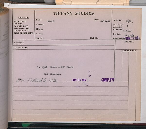 Tiffany Studios Lamp Department Ledger Book, Tiffany Studios (1902–32), pencil and ink on paper, American