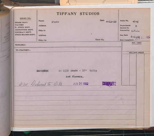 Tiffany Studios Lamp Department Ledger Book, Tiffany Studios (1902–32), pencil and ink on paper, American
