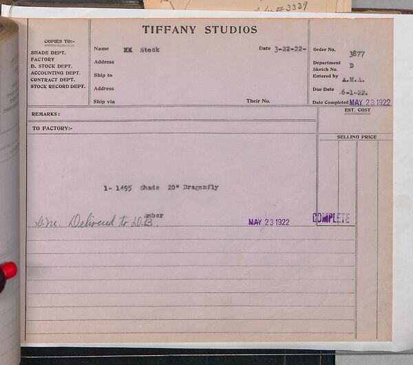 Tiffany Studios Lamp Department Ledger Book, Tiffany Studios (1902–32), pencil and ink on paper, American