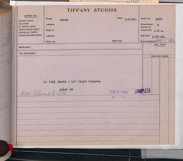 Tiffany Studios Lamp Department Ledger Book, Tiffany Studios (1902–32), pencil and ink on paper, American