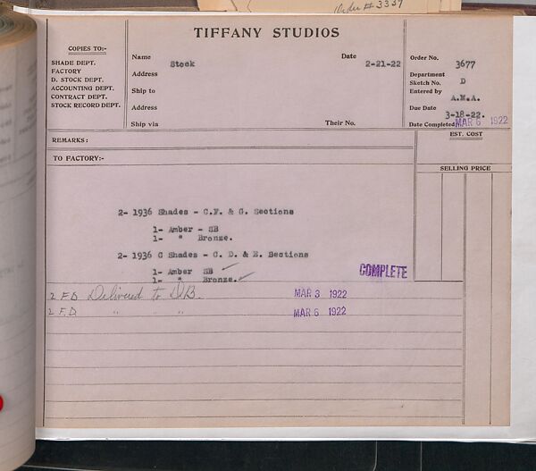 Tiffany Studios Lamp Department Ledger Book, Tiffany Studios (1902–32), pencil and ink on paper, American