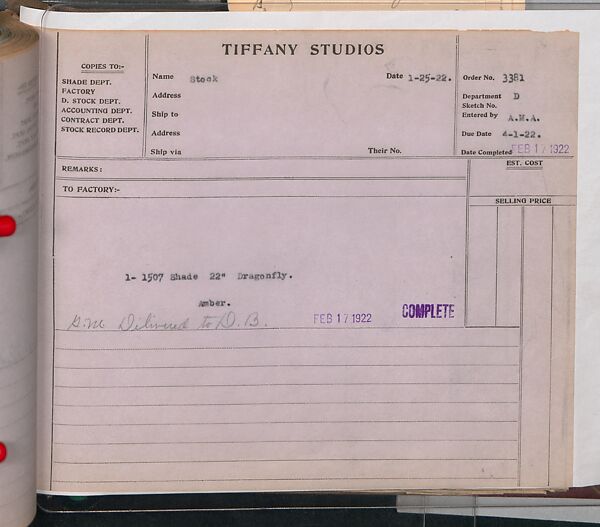 Tiffany Studios Lamp Department Ledger Book, Tiffany Studios (1902–32), pencil and ink on paper, American
