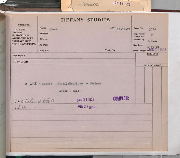 Tiffany Studios Lamp Department Ledger Book, Tiffany Studios (1902–32), pencil and ink on paper, American