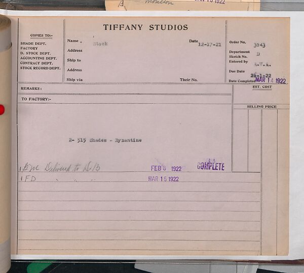 Tiffany Studios Lamp Department Ledger Book, Tiffany Studios (1902–32), pencil and ink on paper, American