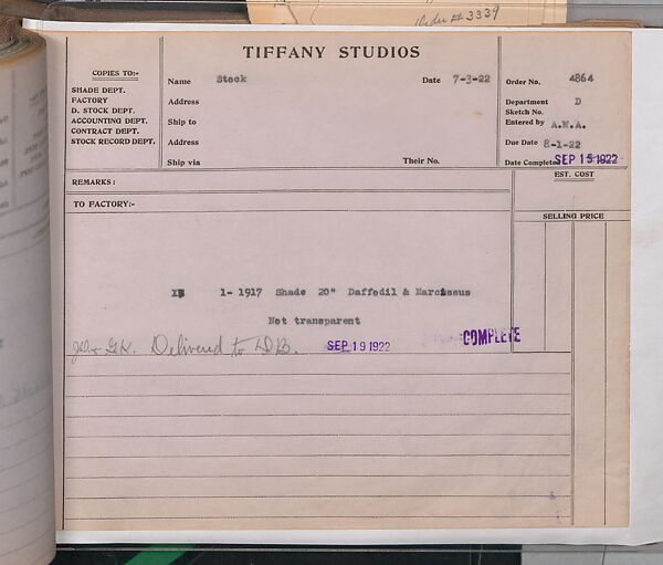 Tiffany Studios Lamp Department Ledger Book, Tiffany Studios (1902–32), pencil and ink on paper, American