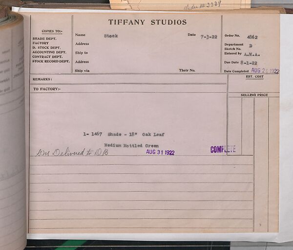 Tiffany Studios Lamp Department Ledger Book, Tiffany Studios (1902–32), pencil and ink on paper, American