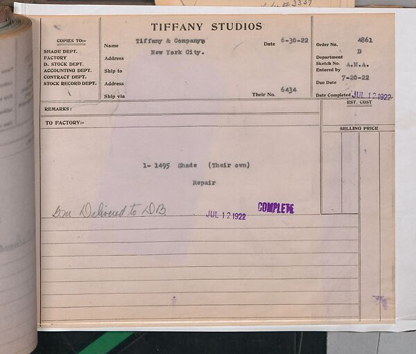 Tiffany Studios Lamp Department Ledger Book, Tiffany Studios (1902–32), pencil and ink on paper, American