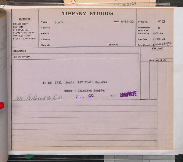 Tiffany Studios Lamp Department Ledger Book, Tiffany Studios (1902–32), pencil and ink on paper, American