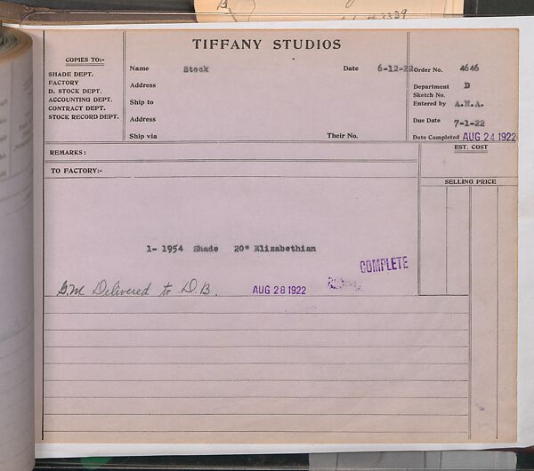 Tiffany Studios Lamp Department Ledger Book, Tiffany Studios (1902–32), pencil and ink on paper, American
