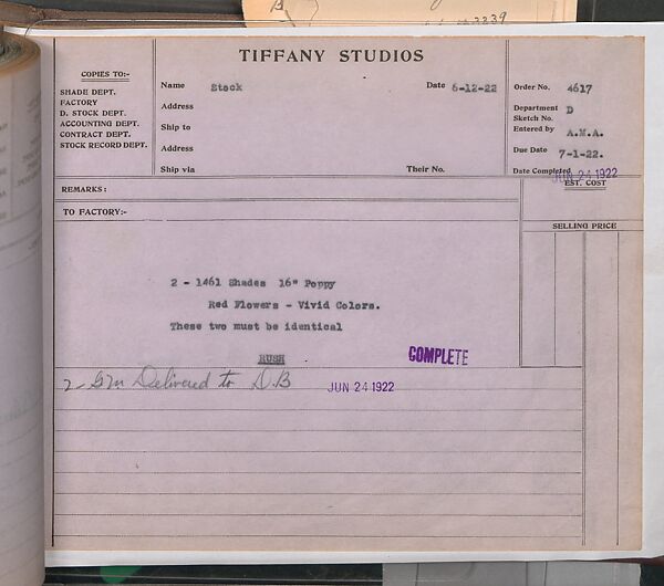 Tiffany Studios Lamp Department Ledger Book, Tiffany Studios (1902–32), pencil and ink on paper, American