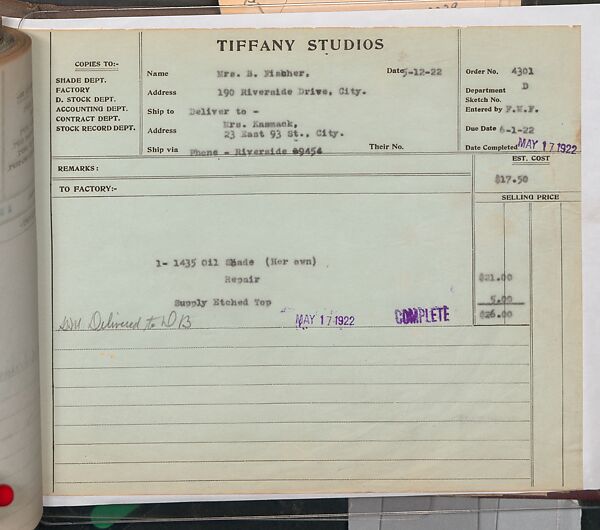 Tiffany Studios Lamp Department Ledger Book, Tiffany Studios (1902–32), pencil and ink on paper, American