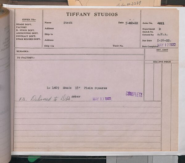 Tiffany Studios Lamp Department Ledger Book, Tiffany Studios (1902–32), pencil and ink on paper, American