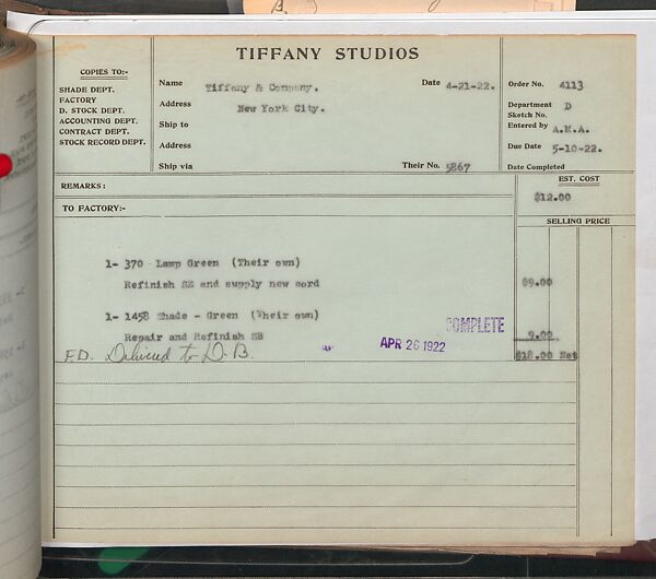 Tiffany Studios Lamp Department Ledger Book, Tiffany Studios (1902–32), pencil and ink on paper, American