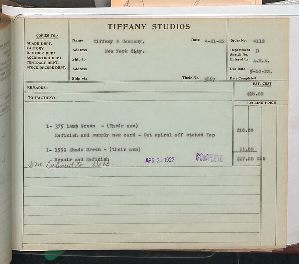 Tiffany Studios Lamp Department Ledger Book, Tiffany Studios (1902–32), pencil and ink on paper, American