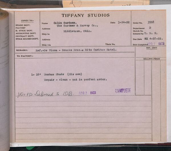 Tiffany Studios Lamp Department Ledger Book, Tiffany Studios (1902–32), pencil and ink on paper, American