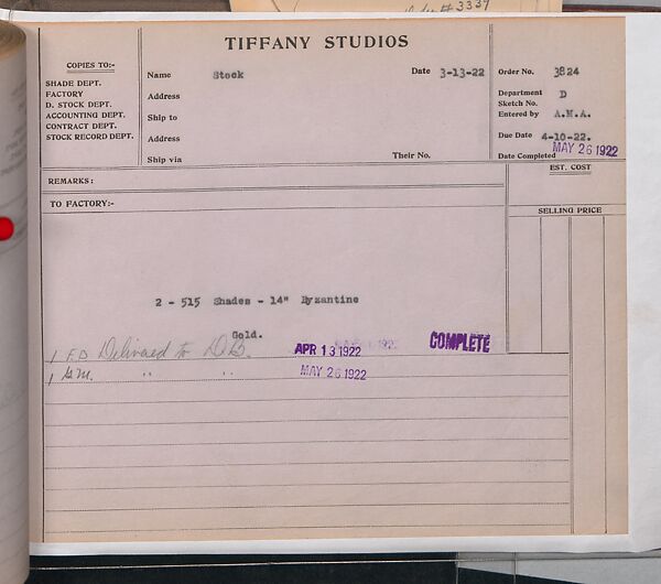 Tiffany Studios Lamp Department Ledger Book, Tiffany Studios (1902–32), pencil and ink on paper, American