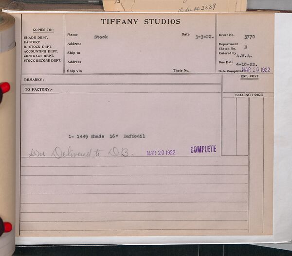 Tiffany Studios Lamp Department Ledger Book, Tiffany Studios (1902–32), pencil and ink on paper, American