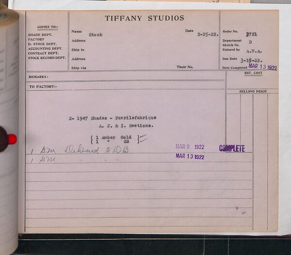 Tiffany Studios Lamp Department Ledger Book, Tiffany Studios (1902–32), pencil and ink on paper, American