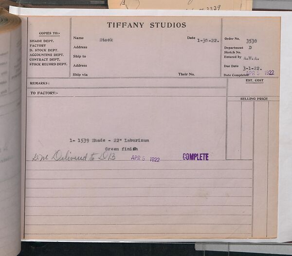 Tiffany Studios Lamp Department Ledger Book, Tiffany Studios (1902–32), pencil and ink on paper, American