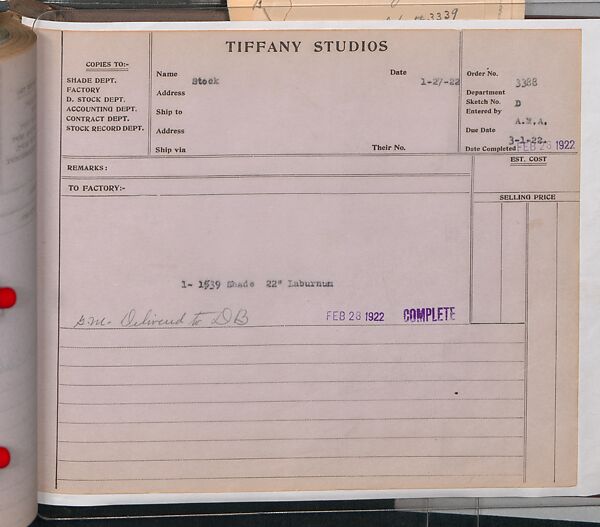 Tiffany Studios Lamp Department Ledger Book, Tiffany Studios (1902–32), pencil and ink on paper, American