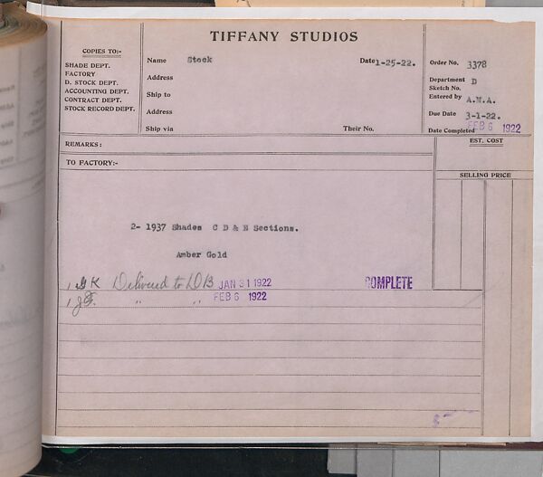 Tiffany Studios Lamp Department Ledger Book, Tiffany Studios (1902–32), pencil and ink on paper, American