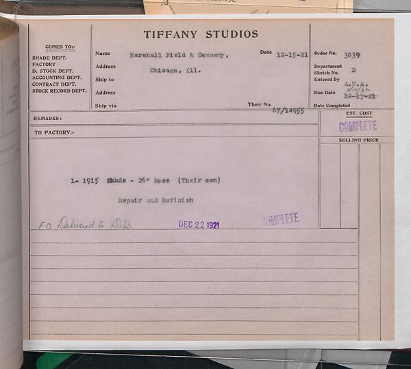 Tiffany Studios Lamp Department Ledger Book, Tiffany Studios (1902–32), pencil and ink on paper, American