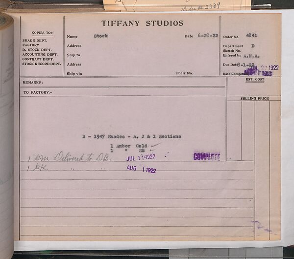 Tiffany Studios Lamp Department Ledger Book, Tiffany Studios (1902–32), pencil and ink on paper, American