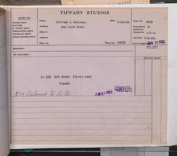 Tiffany Studios Lamp Department Ledger Book, Tiffany Studios (1902–32), pencil and ink on paper, American